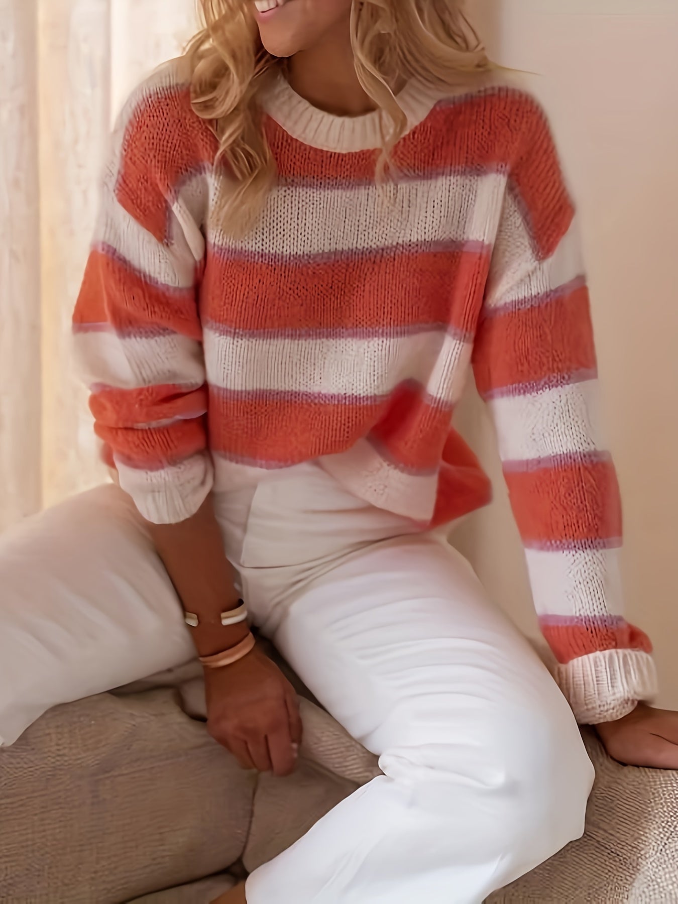 Jersey De Manga Larga Con Motivo De Rayas Y Cuello Redondo Para Mujer | Ideal Para Otoño E Invierno