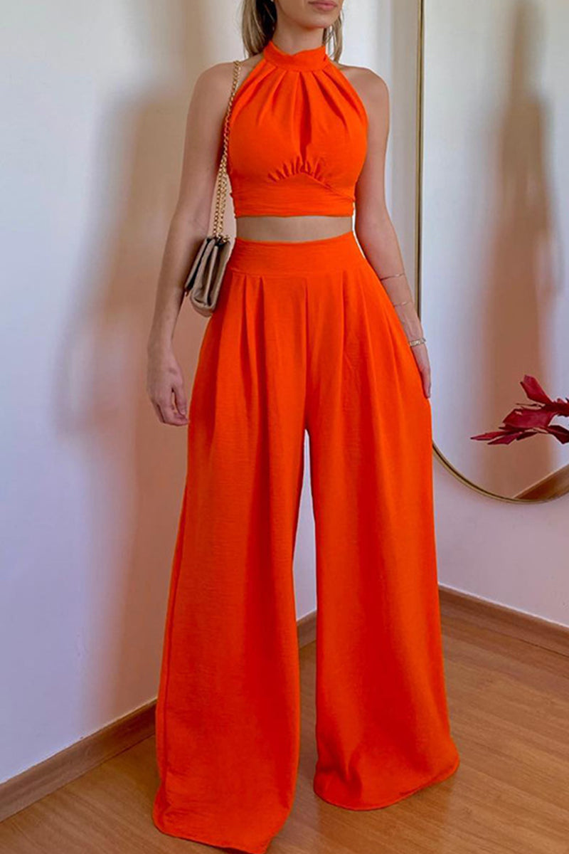 Conjunto De Dos Piezas Con Top Corto Halter Y Pantalón De Pierna Ancha Para Mujer | Ideal Para Clima Cálido