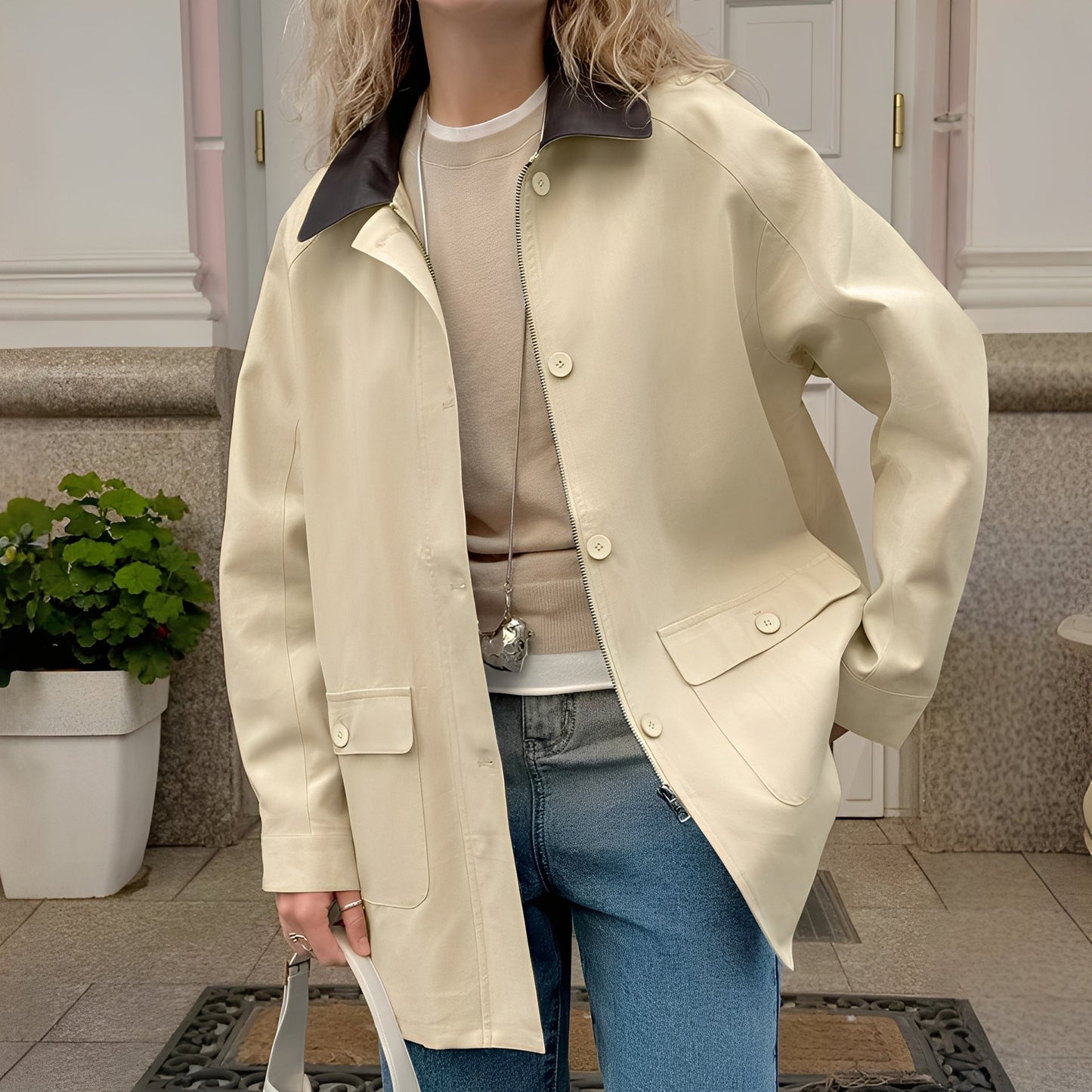 Chaqueta con Cuello Polo y Diseño Contrastado para Mujer | Ideal para la Media Estación