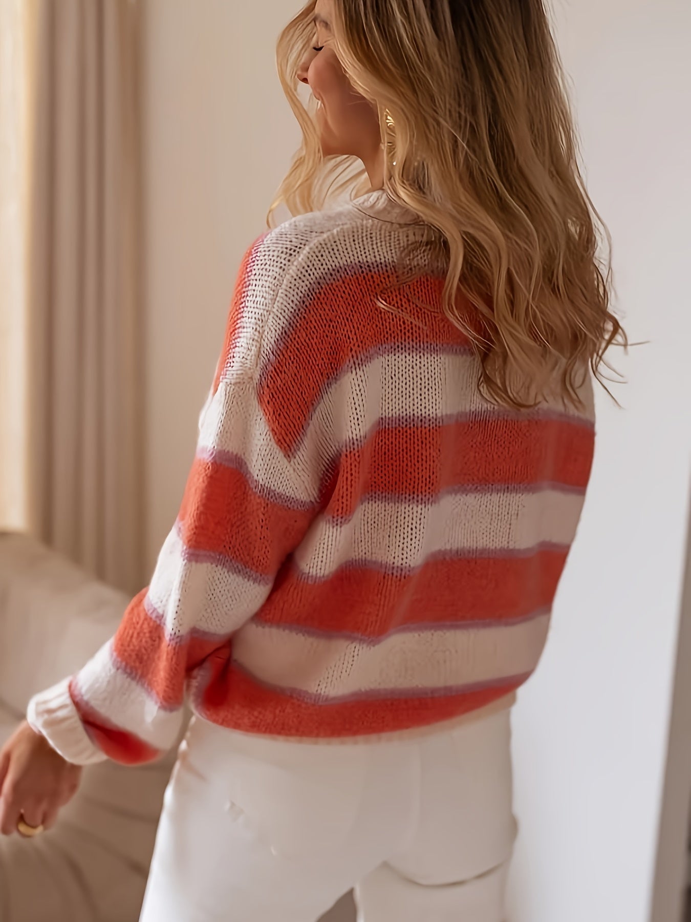 Jersey De Manga Larga Con Motivo De Rayas Y Cuello Redondo Para Mujer | Ideal Para Otoño E Invierno