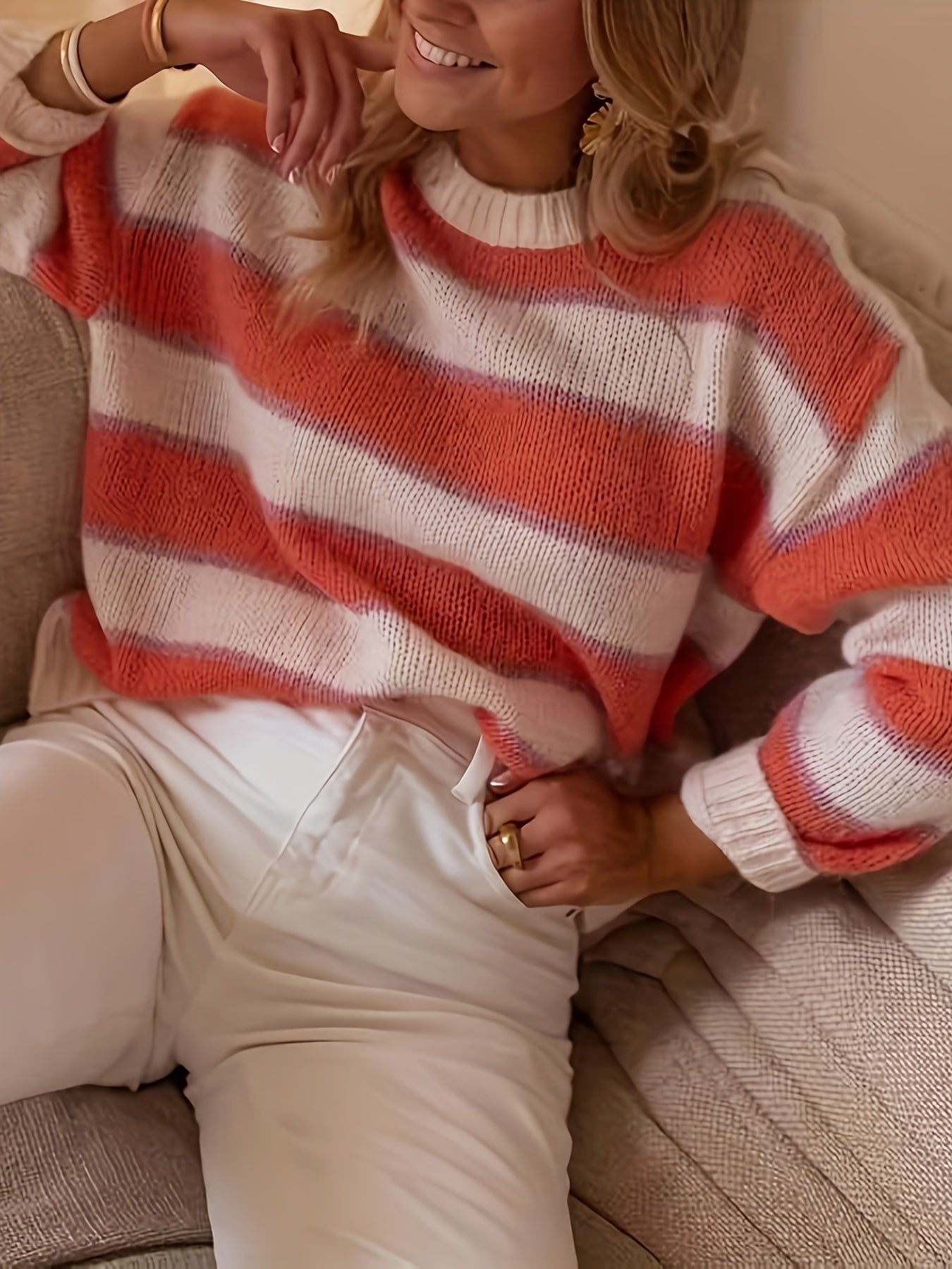 Jersey De Manga Larga Con Motivo De Rayas Y Cuello Redondo Para Mujer | Ideal Para Otoño E Invierno