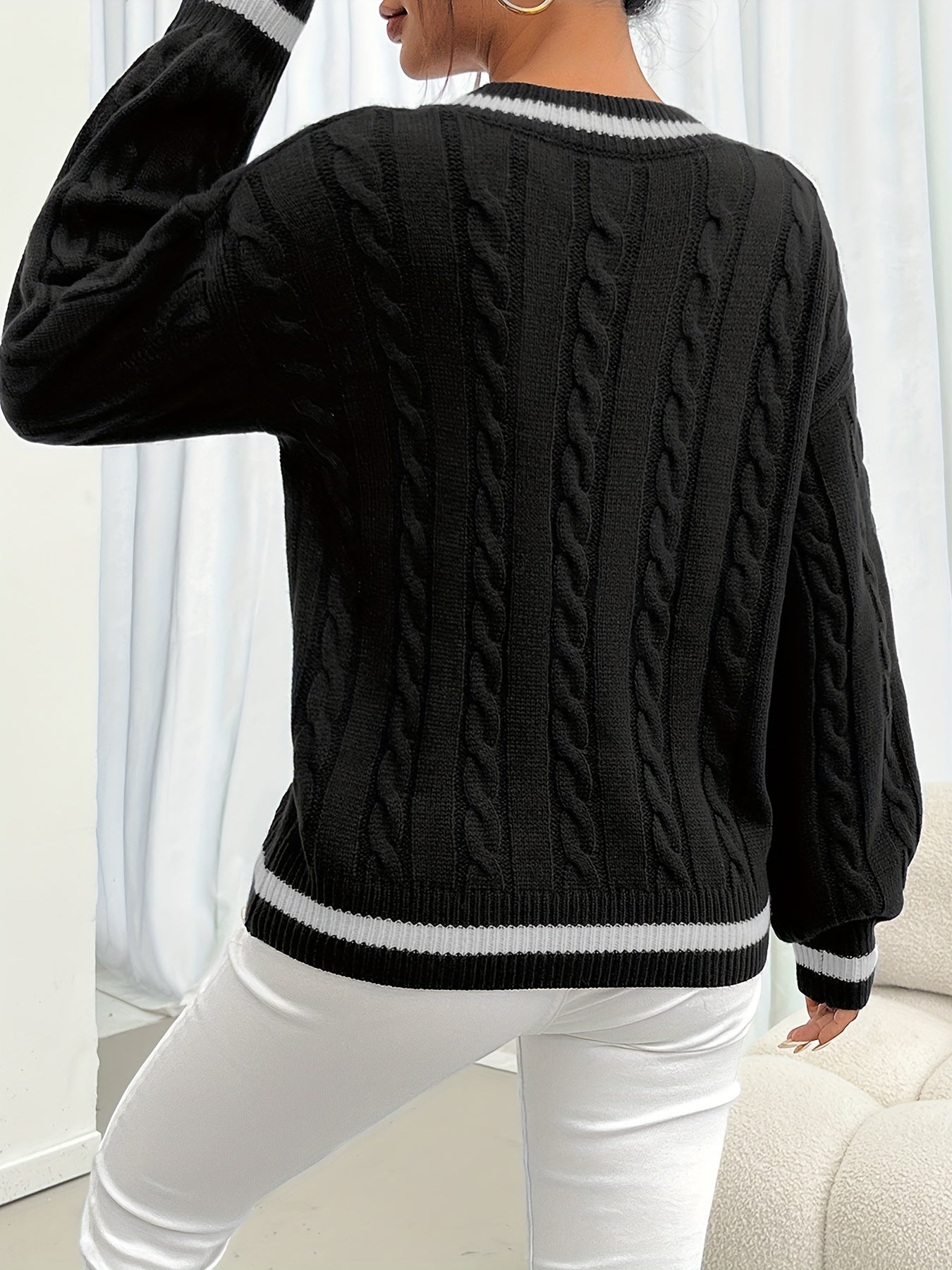 Jersey De Manga Larga Con Motivo Trenzado Y Cuello En V Para Mujer | Ideal Para Otoño E Invierno
