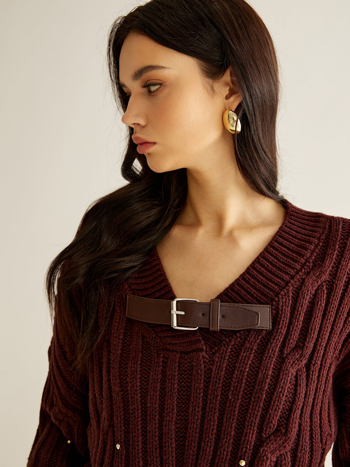 Jersey Con Detalle de Perlas y Cuello en V Para Mujer | Ideal Para Otoño e Invierno