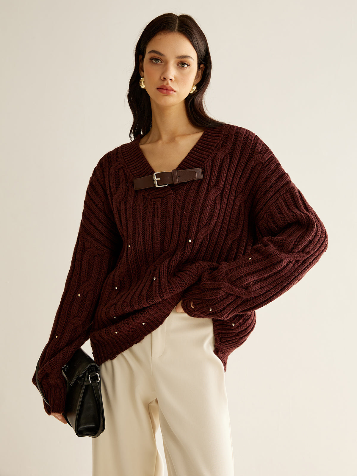 Jersey Con Detalle de Perlas y Cuello en V Para Mujer | Ideal Para Otoño e Invierno
