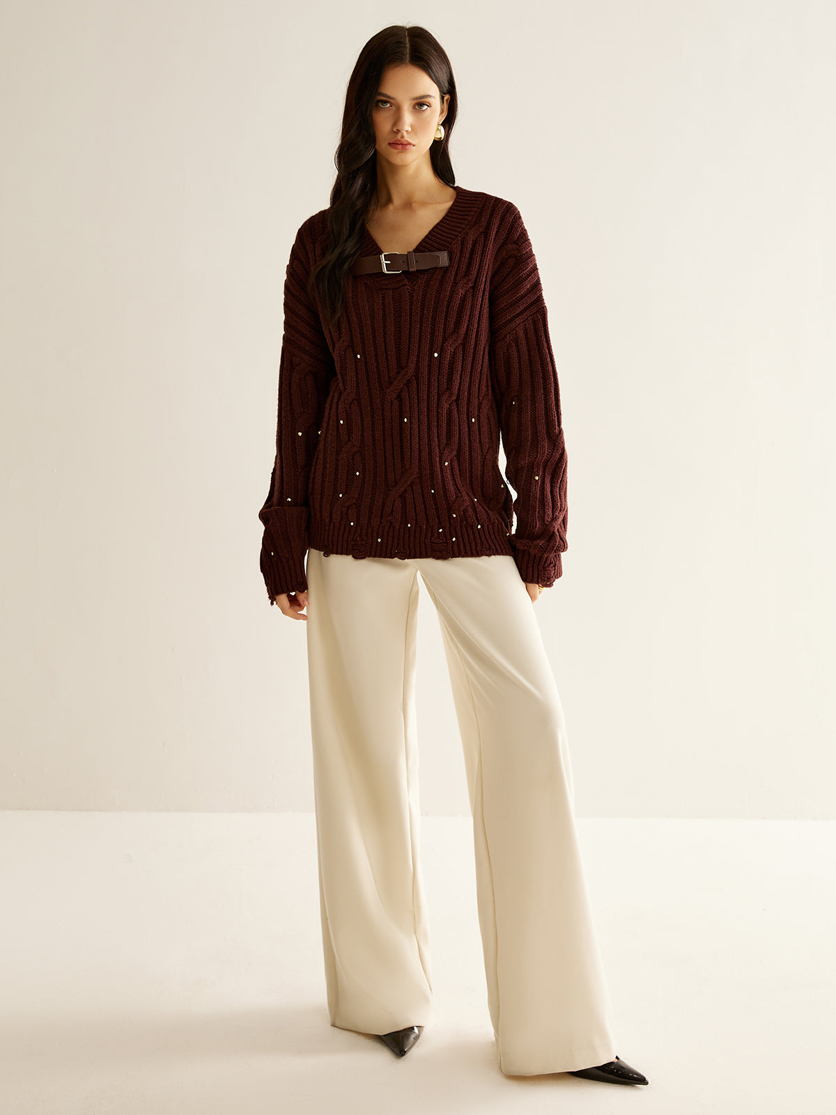 Jersey Con Detalle de Perlas y Cuello en V Para Mujer | Ideal Para Otoño e Invierno
