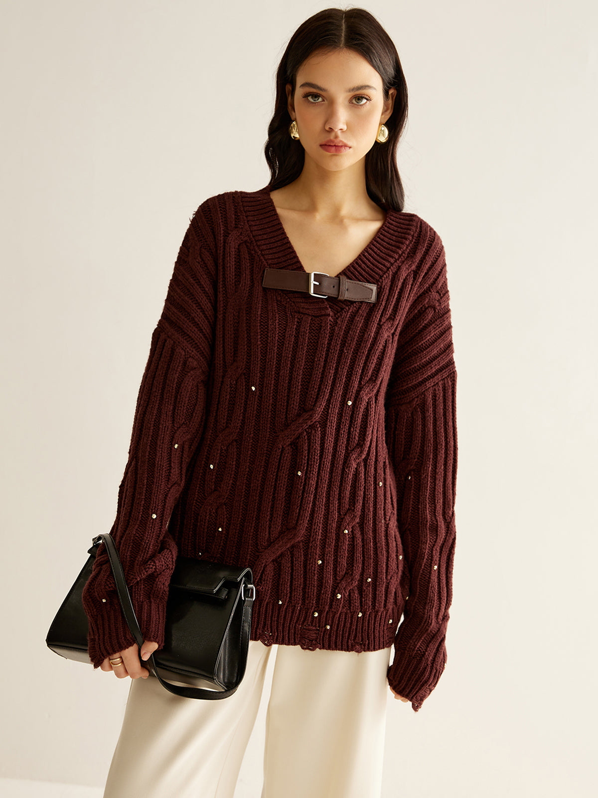 Jersey Con Detalle de Perlas y Cuello en V Para Mujer | Ideal Para Otoño e Invierno