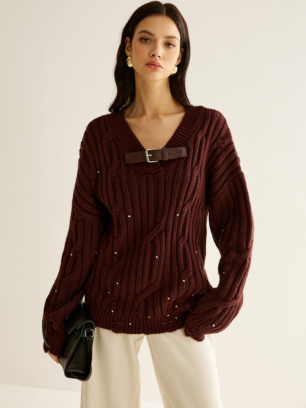 Jersey Con Detalle de Perlas y Cuello en V Para Mujer | Ideal Para Otoño e Invierno
