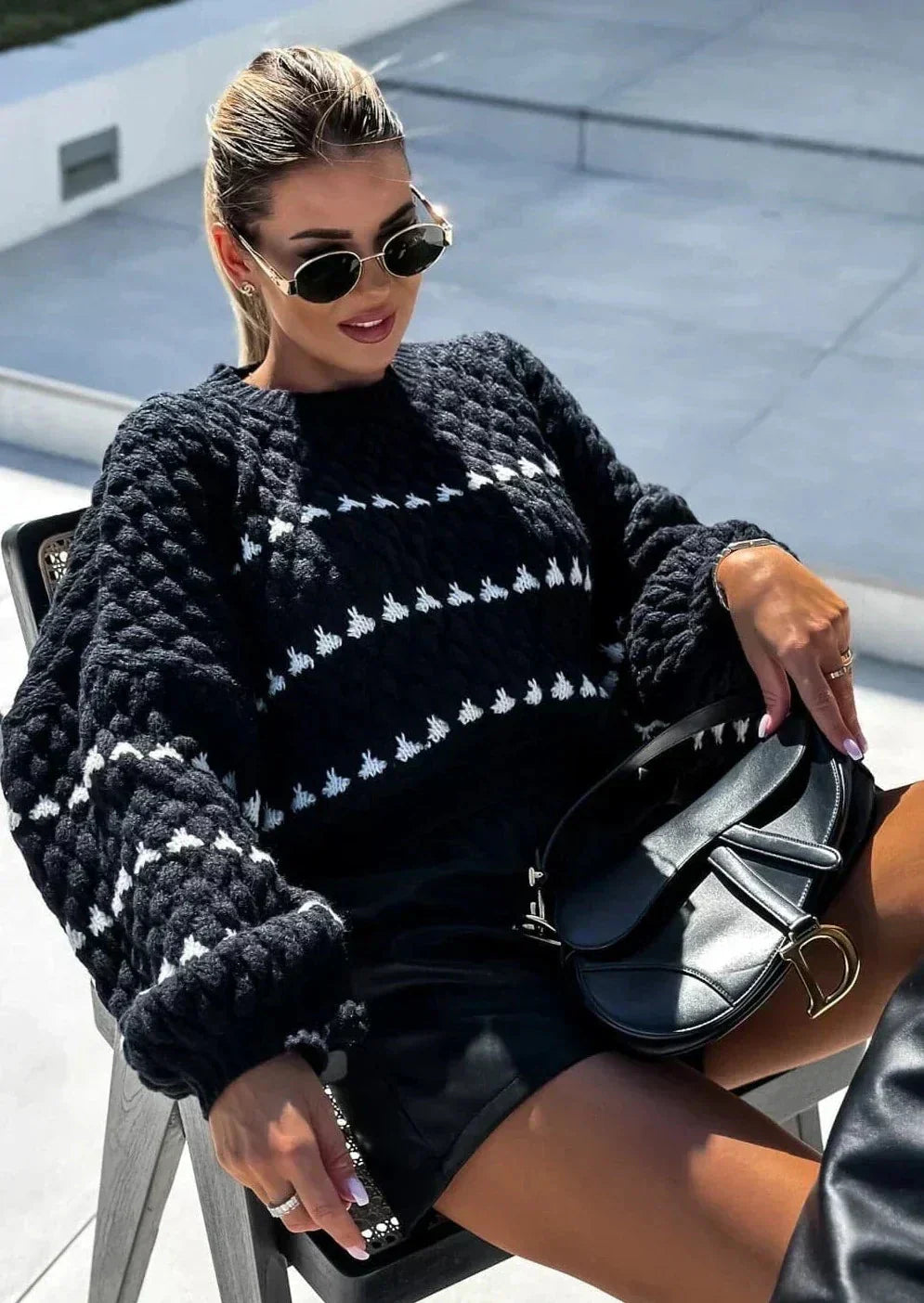 Jersey De Manga Larga Con Motivo Tejido Y Mangas Globo Para Mujer | Ideal Para Invierno