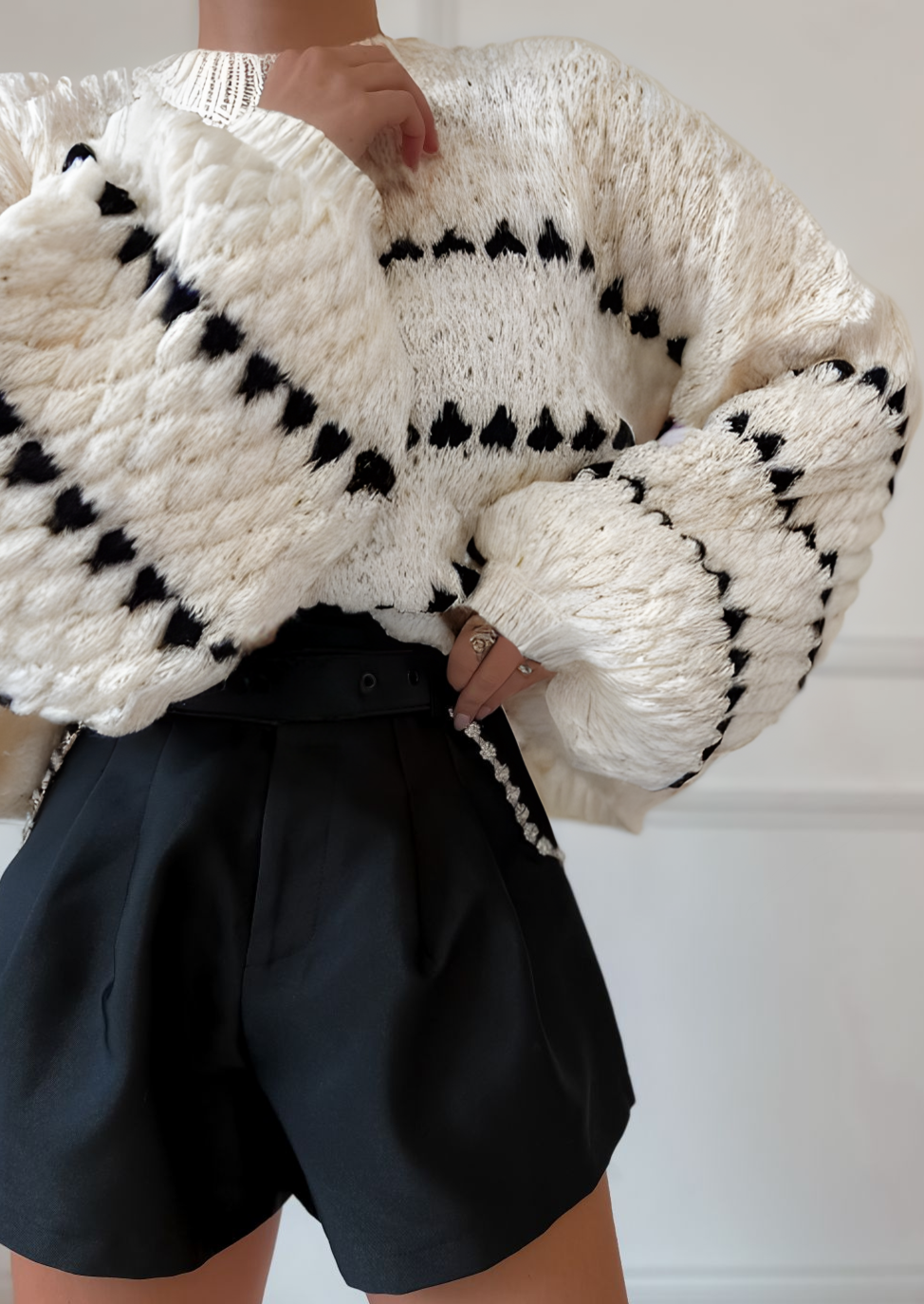 Jersey De Manga Larga Con Motivo Tejido Y Mangas Globo Para Mujer | Ideal Para Invierno