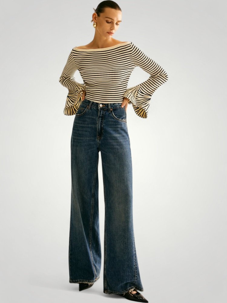 Jersey de Punto con Hombros Descubiertos y Volantes para Mujer | Ideal para Uso Diario