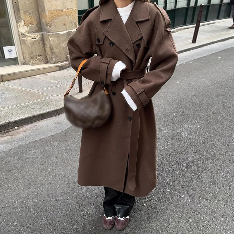 Abrigo Largo con Doble Botonadura para Mujer con Cinturón para Anudar | Ideal para Otoño e Invierno