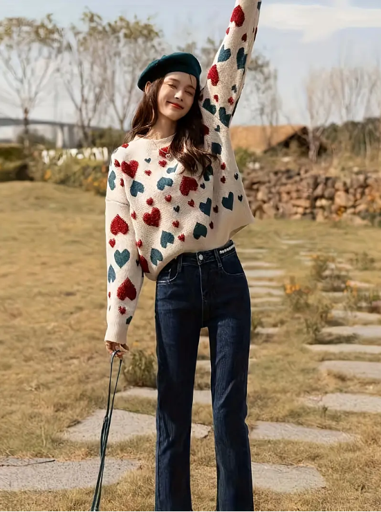 Pulóver con Estampado de Corazones y Mangas Largas para Mujer | Ideal para Uso Diario