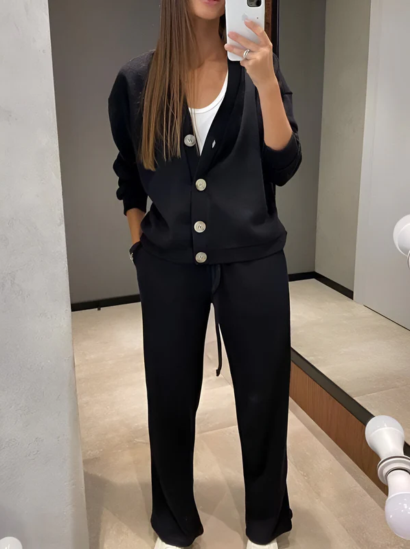 Conjunto De Dos Piezas con Cárdigan Abotonado y Pantalón para Mujer | Ideal para Uso Diario O Salidas Informales