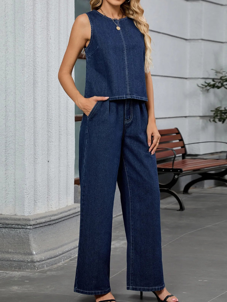 Conjunto De Dos Piezas Con Top Sin Mangas Y Pantalón Estilo Vaquero Para Mujer | Ideal Para Uso Diario