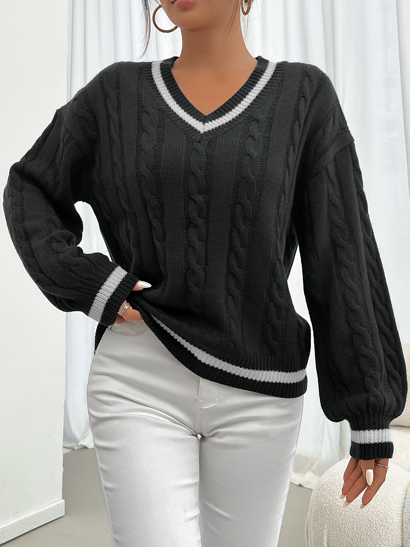 Jersey De Manga Larga Con Motivo Trenzado Y Cuello En V Para Mujer | Ideal Para Otoño E Invierno