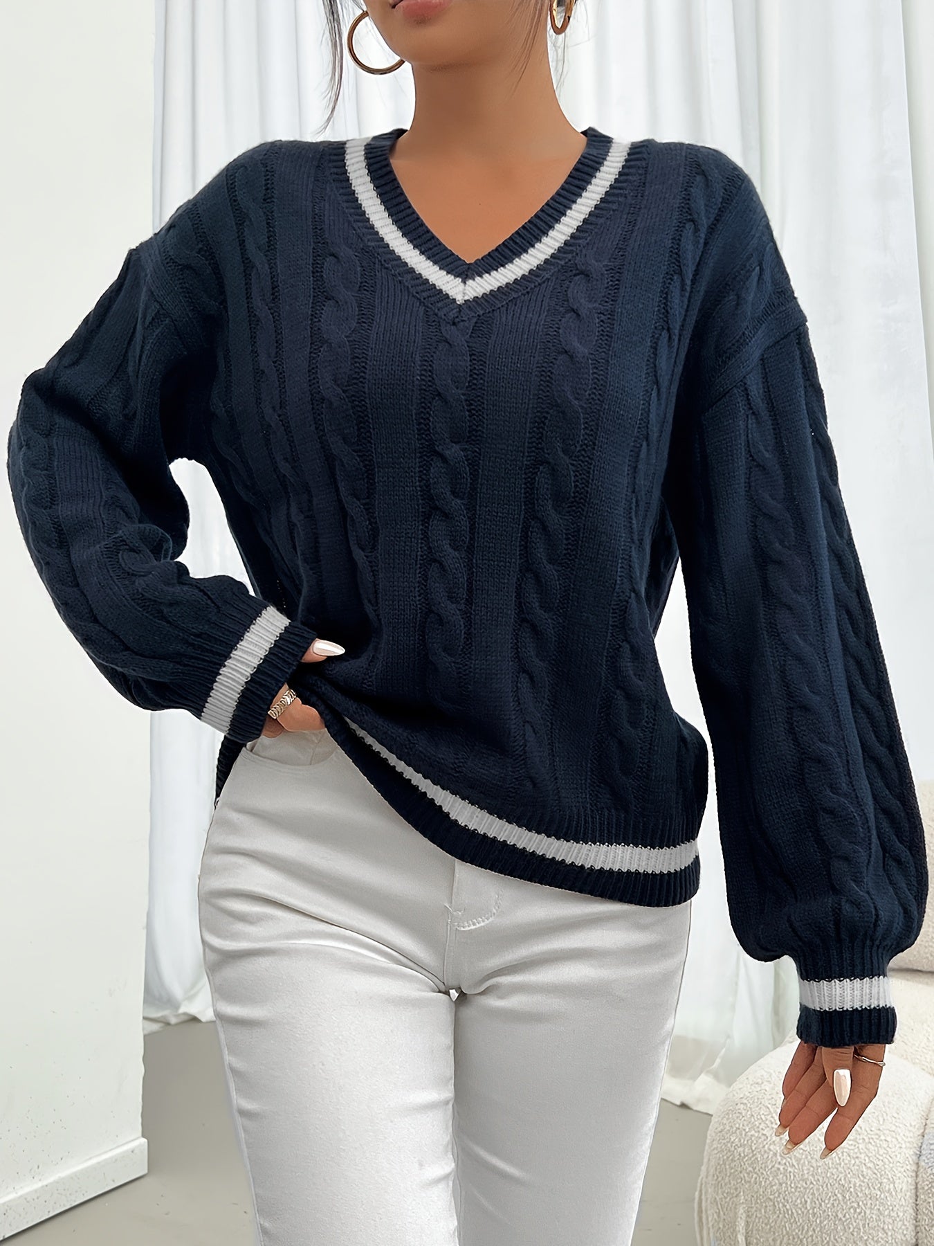 Jersey De Manga Larga Con Motivo Trenzado Y Cuello En V Para Mujer | Ideal Para Otoño E Invierno