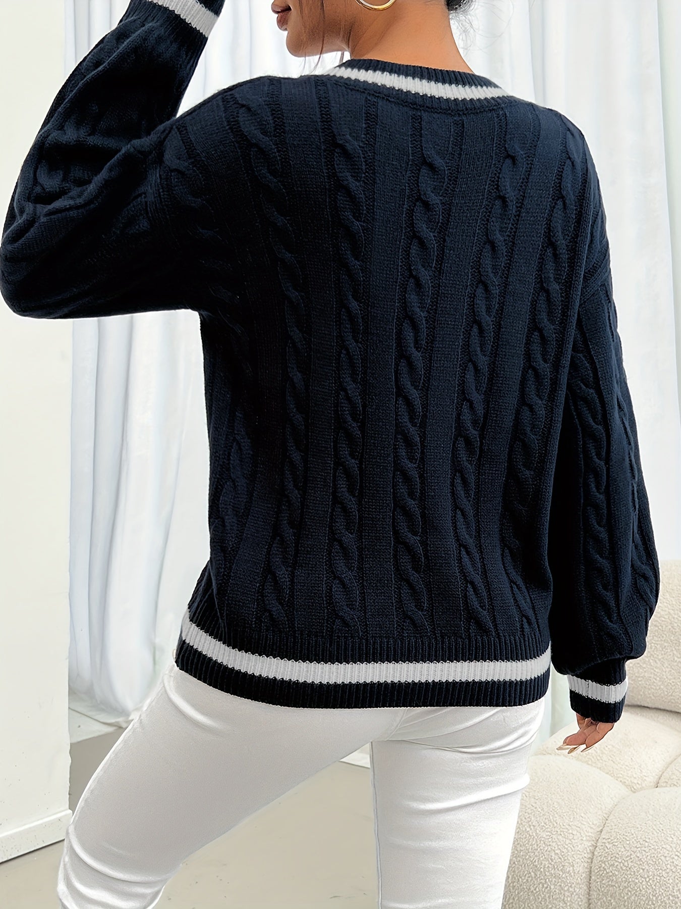 Jersey De Manga Larga Con Motivo Trenzado Y Cuello En V Para Mujer | Ideal Para Otoño E Invierno