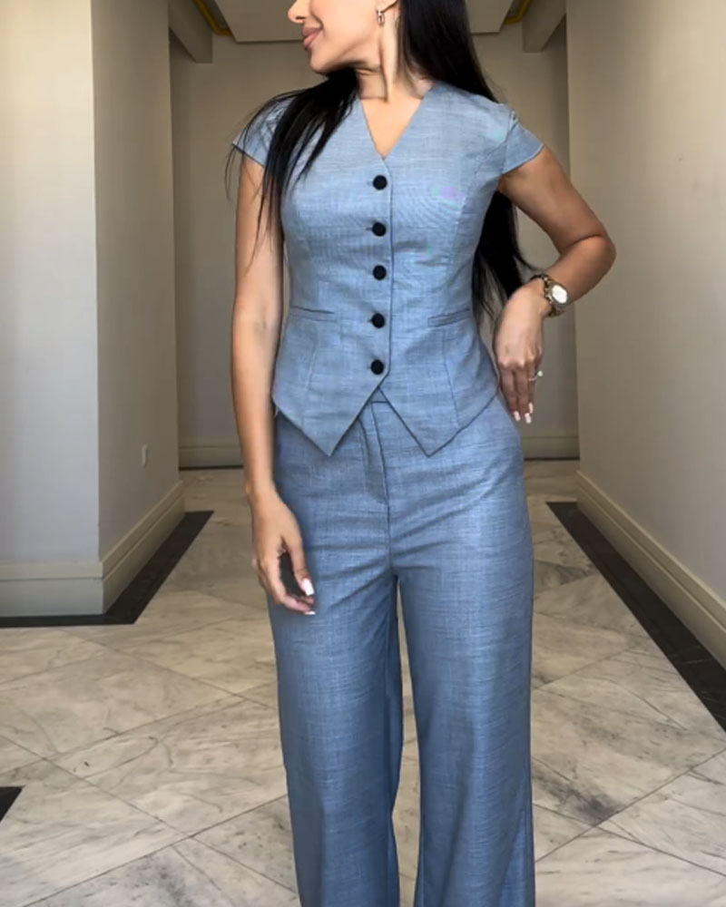 Conjunto De Dos Piezas Con Top De Cuello En V Y Pantalón Para Mujer | Ideal Para Uso Diario