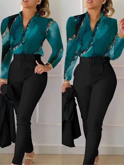Conjunto De Dos Piezas con Top De Escote En V y Pantalón De Cintura Alta para Mujer | Ideal para Uso Diario y Entornos Formales