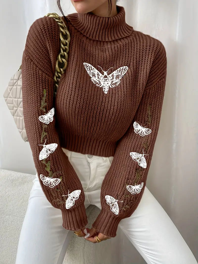 Jersey de Cuello Alto con Motivo de Mariposa para Mujer | Ideal para Otoño e Invierno