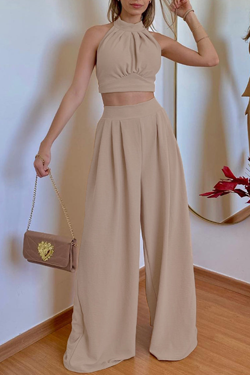 Conjunto De Dos Piezas Con Top Corto Halter Y Pantalón De Pierna Ancha Para Mujer | Ideal Para Clima Cálido