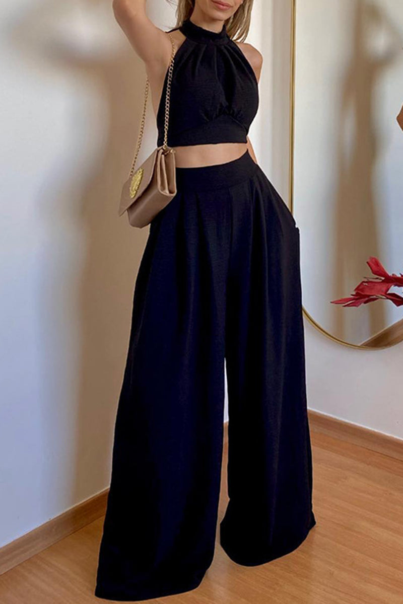 Conjunto De Dos Piezas Con Top Corto Halter Y Pantalón De Pierna Ancha Para Mujer | Ideal Para Clima Cálido