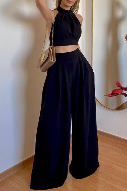 Conjunto De Dos Piezas Con Top Corto Halter Y Pantalón De Pierna Ancha Para Mujer | Ideal Para Clima Cálido