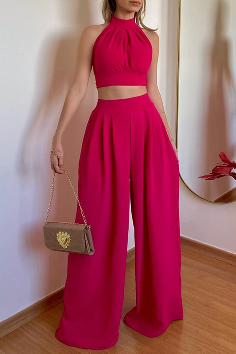 Conjunto De Dos Piezas Con Top Corto Halter Y Pantalón De Pierna Ancha Para Mujer | Ideal Para Clima Cálido