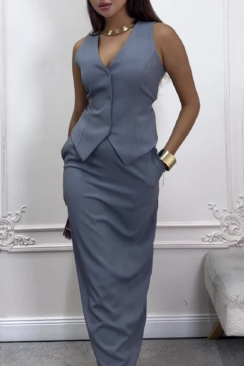 Conjunto De Dos Piezas Con Debardeur Ajustado Con Botones Y Falda Larga Para Mujer | Ideal Para Uso Diario