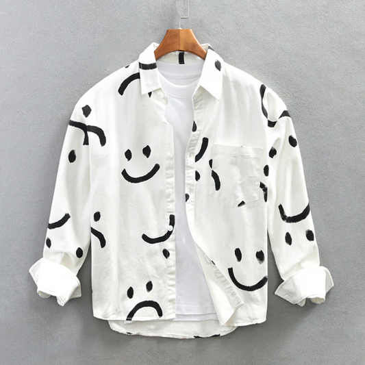 Camisa de Manga Larga con Motivo Smiley y Cuello Clásico para Hombre | Ideal para Uso Diario e Informal