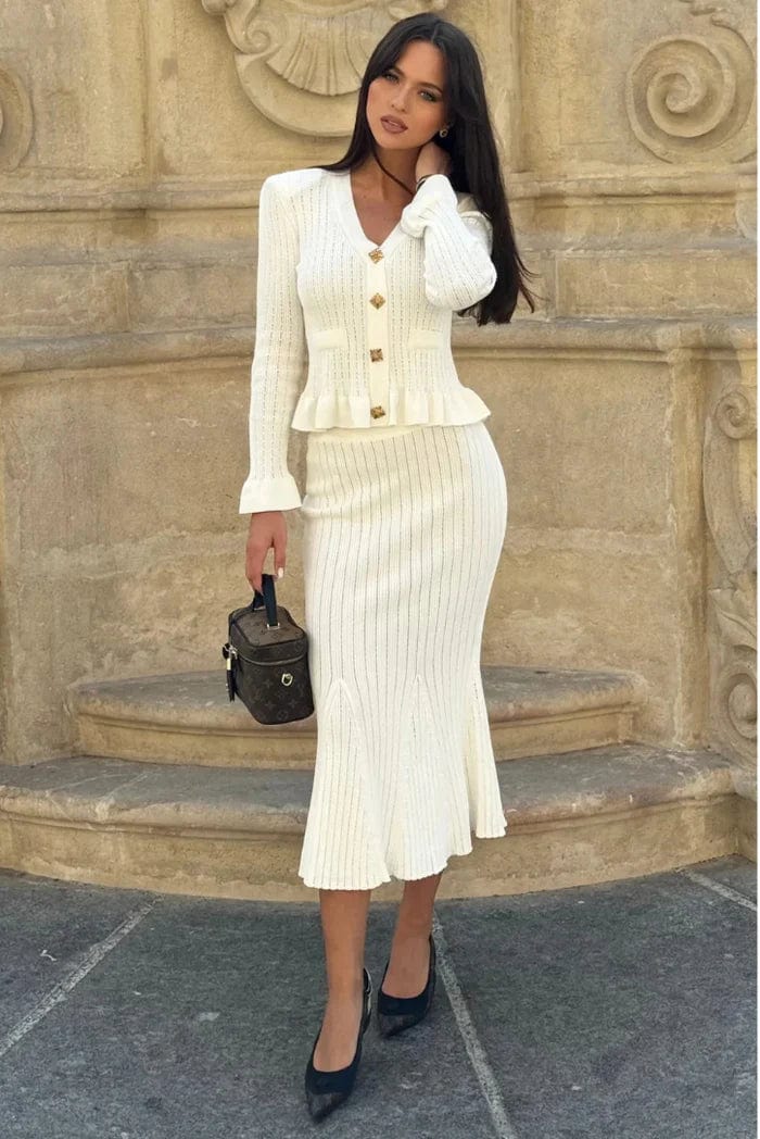 Conjunto De Dos Piezas con Chaqueta Ajustada y Falda Midi para Mujer | Ideal para Uso Diario