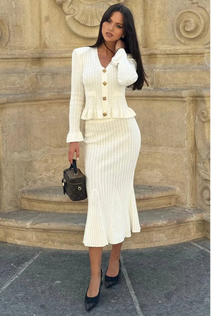 Conjunto De Dos Piezas con Chaqueta Ajustada y Falda Midi para Mujer | Ideal para Uso Diario