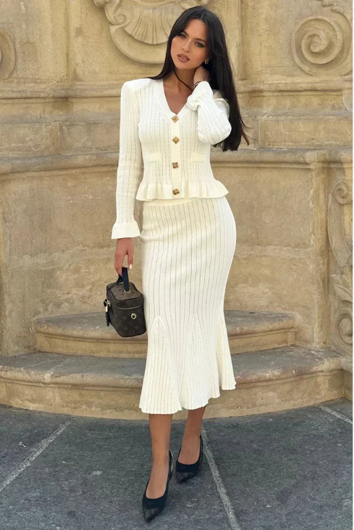 Conjunto De Falda Larga Y Cárdigan Con Botones Para Mujer | Ideal Para Uso Profesional Y Eventos Informales