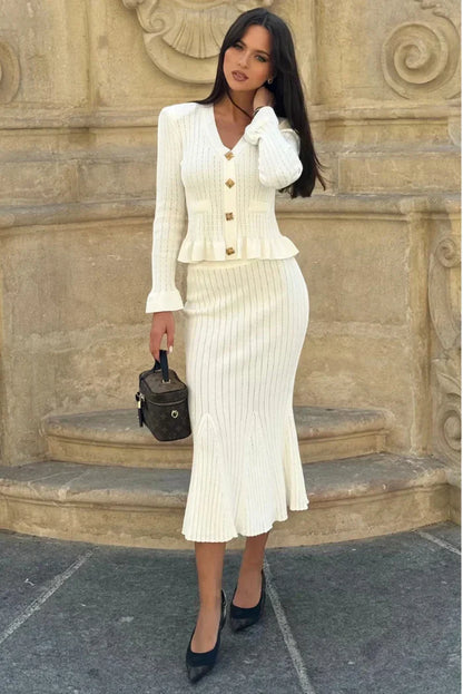 Conjunto De Falda Larga Y Cárdigan Con Botones Para Mujer | Ideal Para Uso Profesional Y Eventos Informales