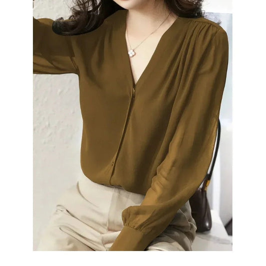Blusa Con Detalles Plisados Y Manga Larga Para Mujer | Ideal Para Uso Profesional Y Formal