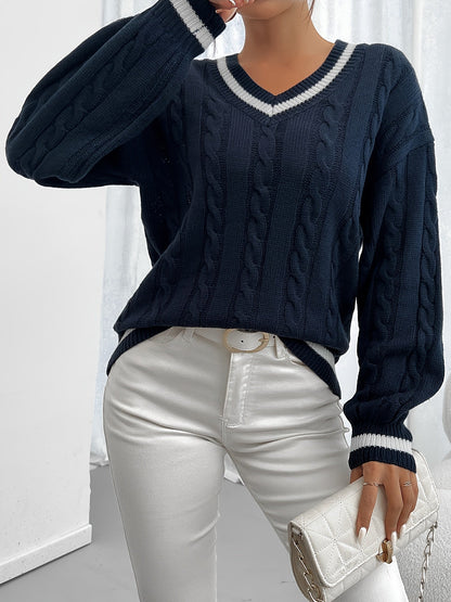 Jersey De Manga Larga Con Motivo Trenzado Y Cuello En V Para Mujer | Ideal Para Otoño E Invierno