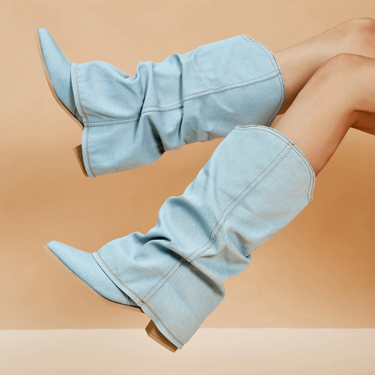 Botas De Denim Plegadas Con Bloque De Tacón Para Mujer | Ideal Para Primavera/Verano