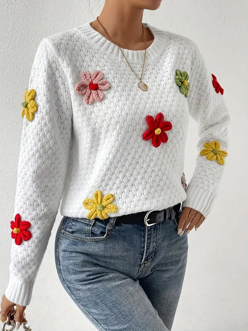 Jersey de Punto con Bordado de Flores en Relieve para Mujer | Ideal para Primavera y Otoño