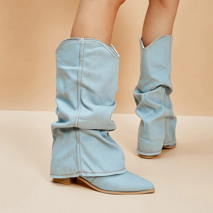 Botas De Denim Plegadas Con Bloque De Tacón Para Mujer | Ideal Para Primavera/Verano