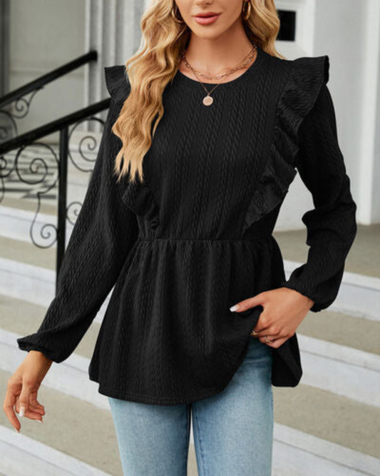 Blusa de Mujer con Cuello Redondo Volanteado y Mangas Largas | Ideal para Uso Diario y Profesional