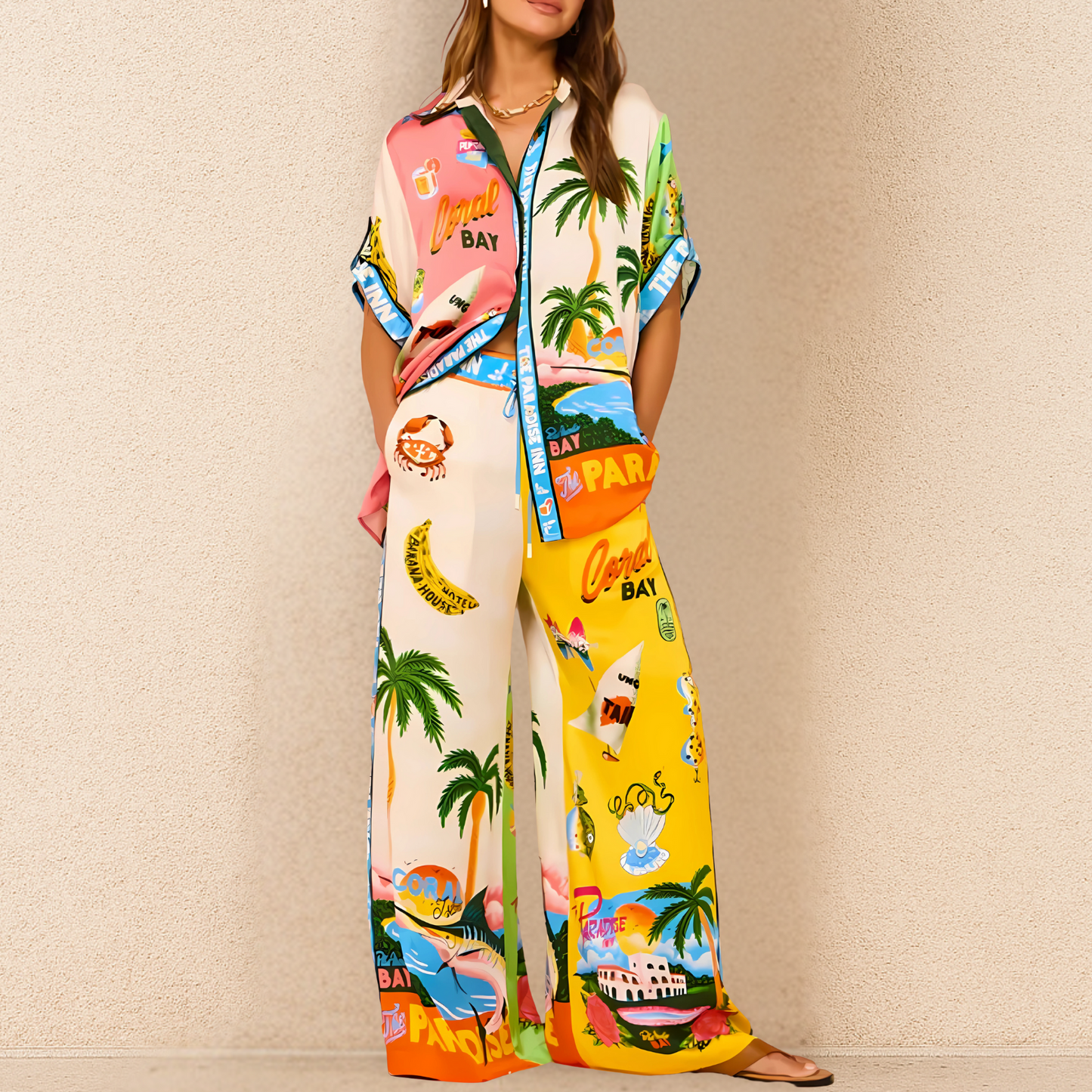 Conjunto de Top de Manga Corta y Pantalón Ancho Con Motivo Imprimido | Ideal Para Ocasiones Informales