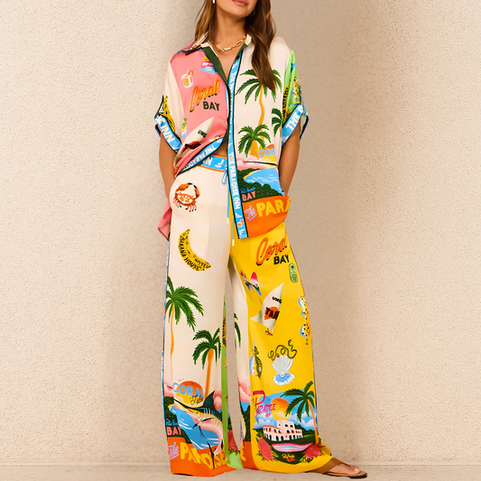 Conjunto de Top de Manga Corta y Pantalón Ancho Con Motivo Imprimido | Ideal Para Ocasiones Informales