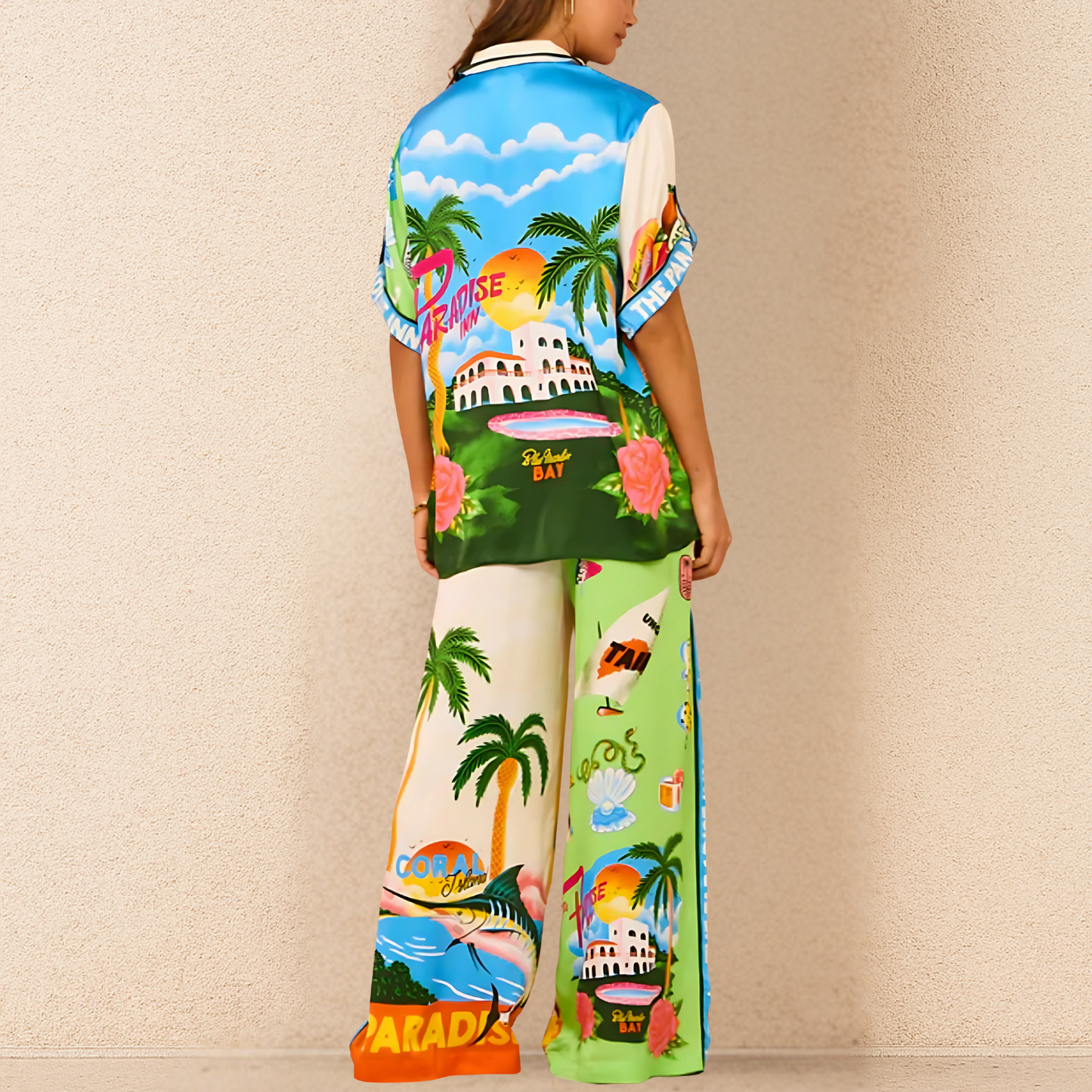 Conjunto de Top de Manga Corta y Pantalón Ancho Con Motivo Imprimido | Ideal Para Ocasiones Informales