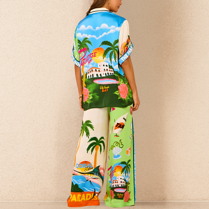 Conjunto de Top de Manga Corta y Pantalón Ancho Con Motivo Imprimido | Ideal Para Ocasiones Informales