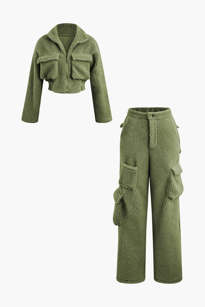 Conjunto de Dos Piezas con Chaqueta Corta y Pantalón Cargo para Mujer | Ideal para Uso Diario y Clima Frío