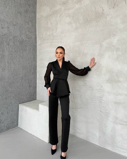 Conjunto De Dos Piezas Con Blazer Cruzado Y Pantalón Recto Para Mujer | Ideal Para Eventos Profesionales Y Formales