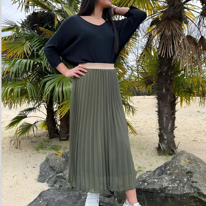 Falda Larga Plisada con Cinturón Dorado para Mujer | Ideal para Uso Diario o Eventos Planificados