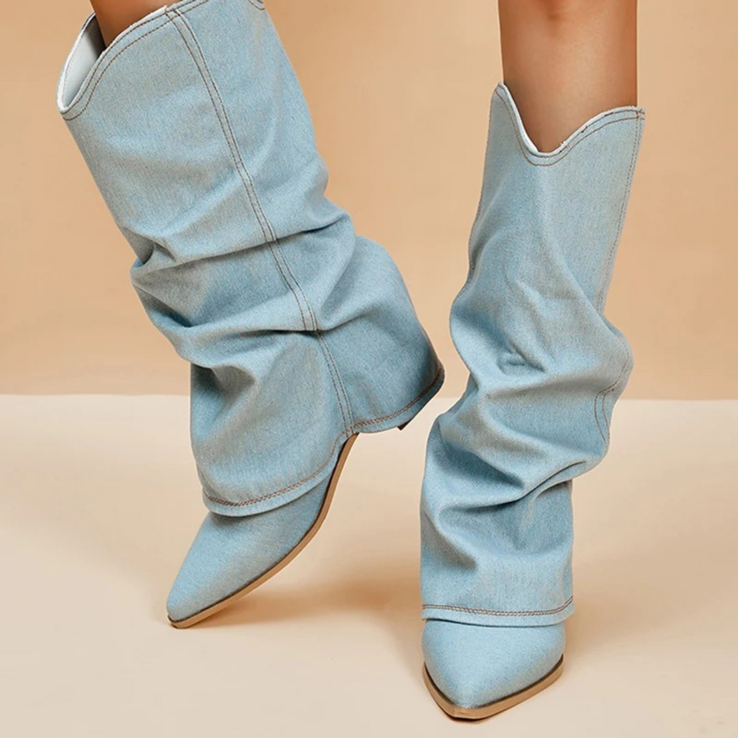 Botas De Denim Plegadas Con Bloque De Tacón Para Mujer | Ideal Para Primavera/Verano