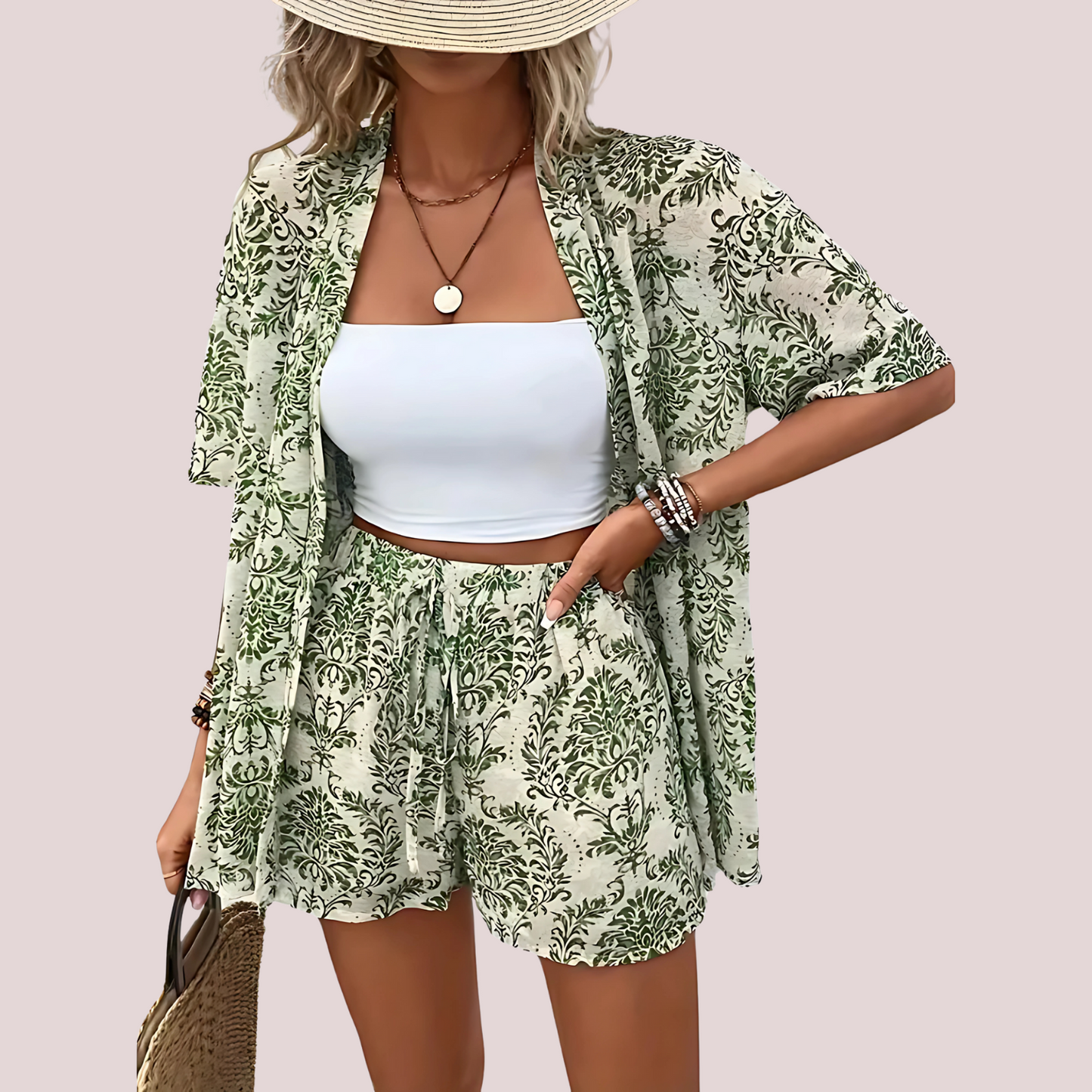 Conjunto de Dos Piezas con Motivo de Hojas para Mujer | Ideal para Uso Informal