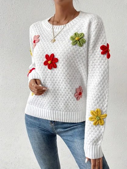 Jersey de Punto con Bordado de Flores en Relieve para Mujer | Ideal para Primavera y Otoño